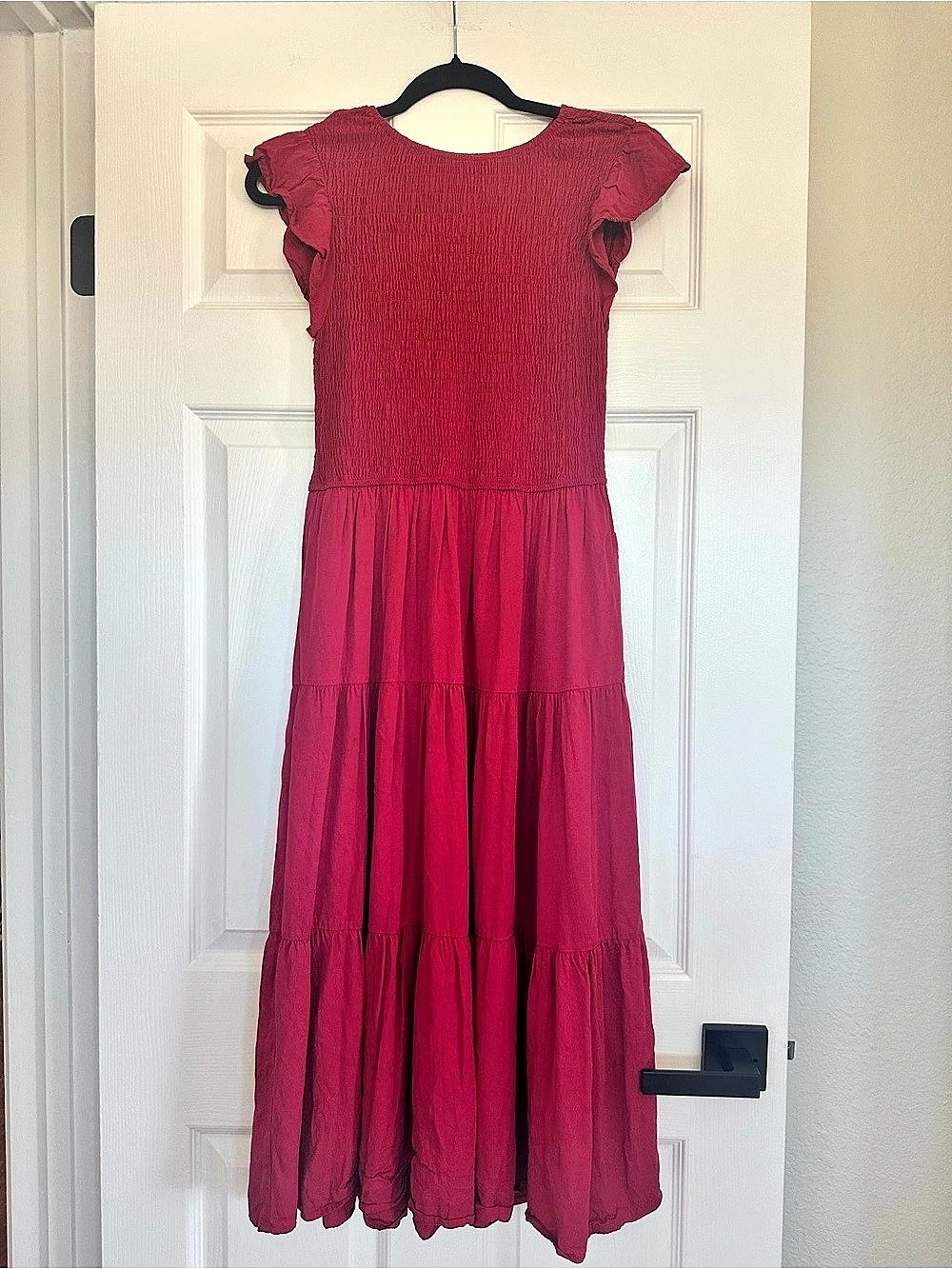 ZESICA Red Smocked Tiered Maxi Dress Flutter Sleeve Size